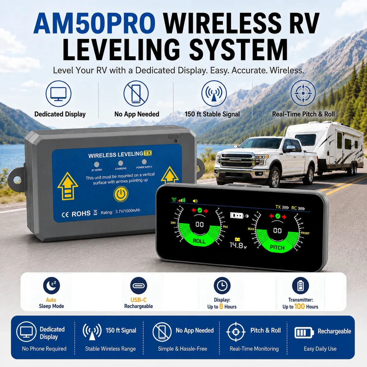 AM50 PRO Wireless RV Leveling System Off‑Road Inclinometer Magnetic Mount 6‑Axis Gyroscope 150Ft Wireless Range RV Cars Campers
