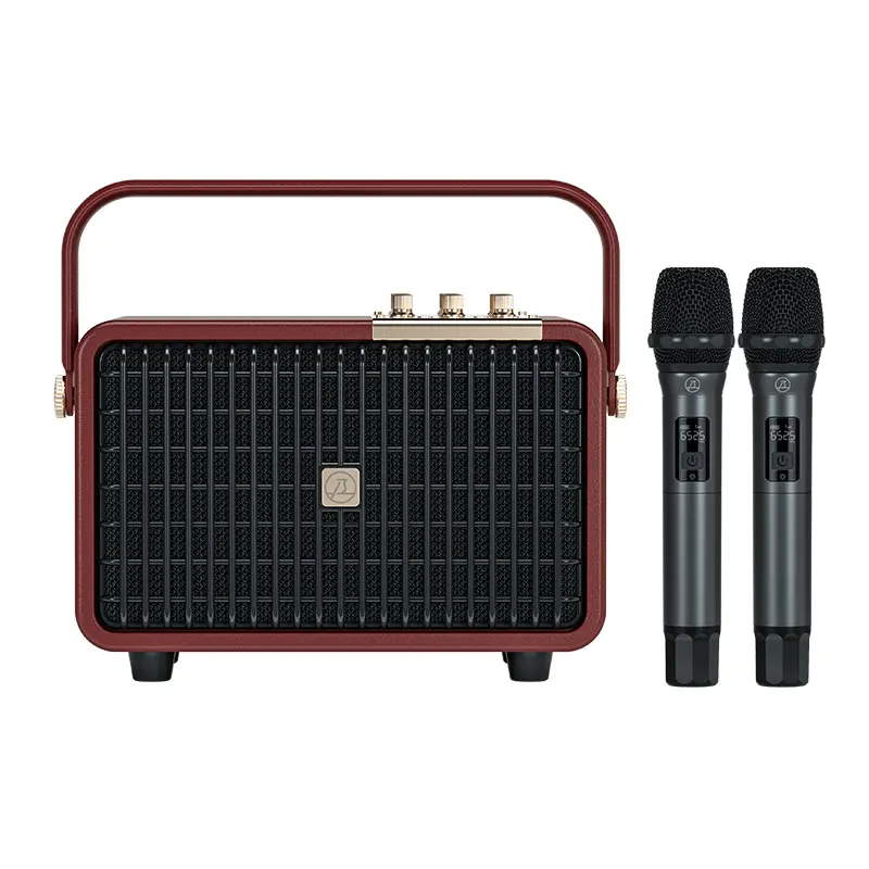 

100W Home Koroake Speaker Retro Leather Bluetooth Speaker with Dual Wireless Mic for Indoor Party KTV