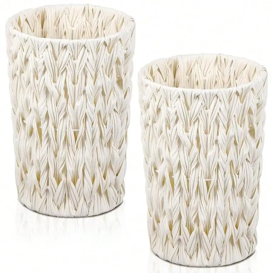 

2 Pcs White Wicker Trash Can 2 Gallon Rattan Waste Basket For Bathroom Bedroom Office Decorative