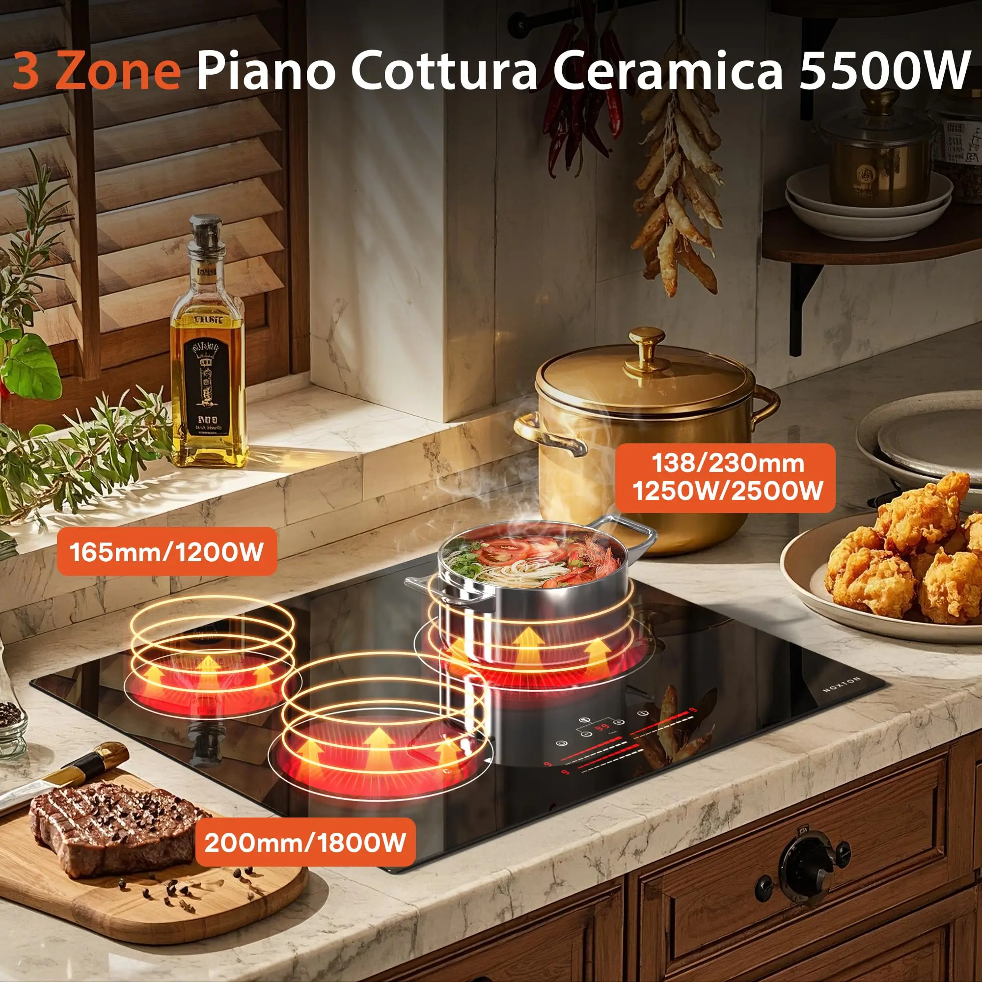 موقد NOXTON ذاتي الكفاءة 60 سم مع مناطق طهي بحلقة مزدوجة، مسطح سيراميك زجاجي 3 أطباق، 5500 وات، 220-240 فولت بدون قابس #2