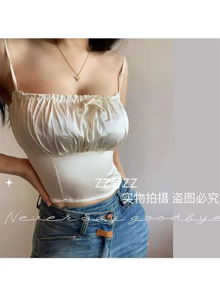 New Sweet Girl Waist Fold Low Chest Pure Desire Sexy Short Tank Top Fashion Sexy Kroean Women Tank Tops 2025 New Tops HT01
