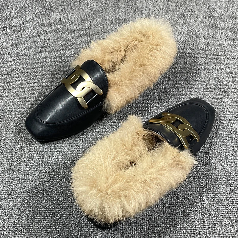 Flat Shoes women 2023 Fashion autumn and Winter Warm wear rabbit hair shoes Rabbit plush Fur Square Head Leather Shoe Girl size