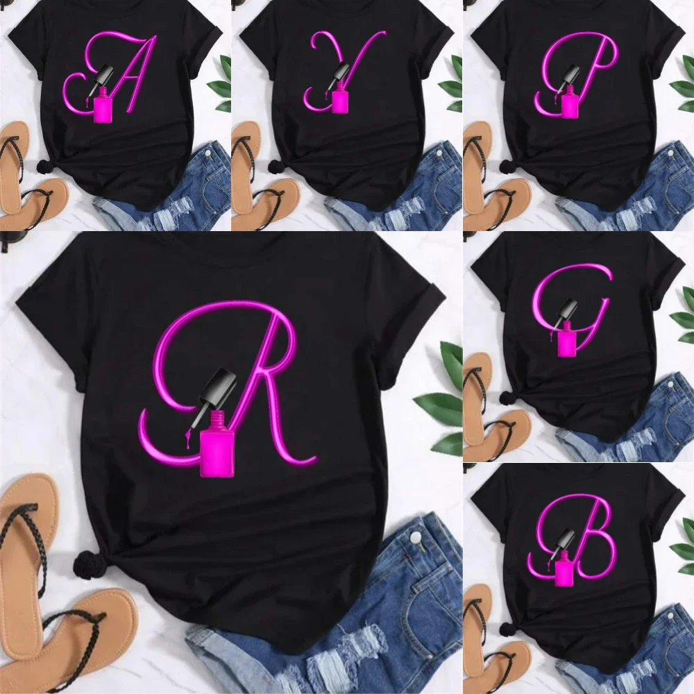 Creative 26 Letters Combination Fashion Women T-shirt Nail Polish Letter Font A B C DShort Sleeve Tops Female Tees Nail Salon
