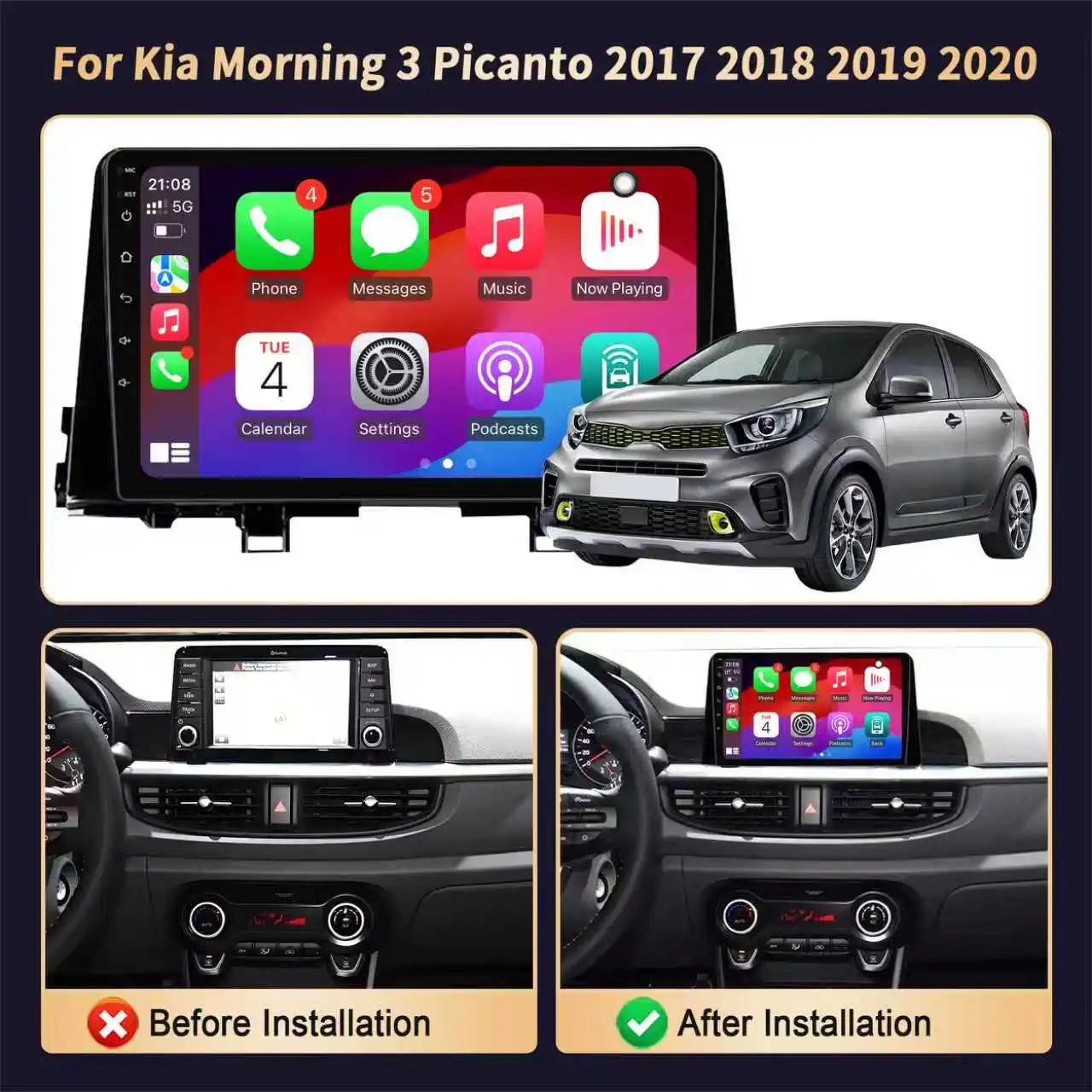 أندرويد 14 لكيا مورنينج 3 بيكانتو 2017-2020 اللاسلكية Carplay ستيريو رئيس وحدة الوسائط المتعددة الملاحة شاشة 2DIN WIFI