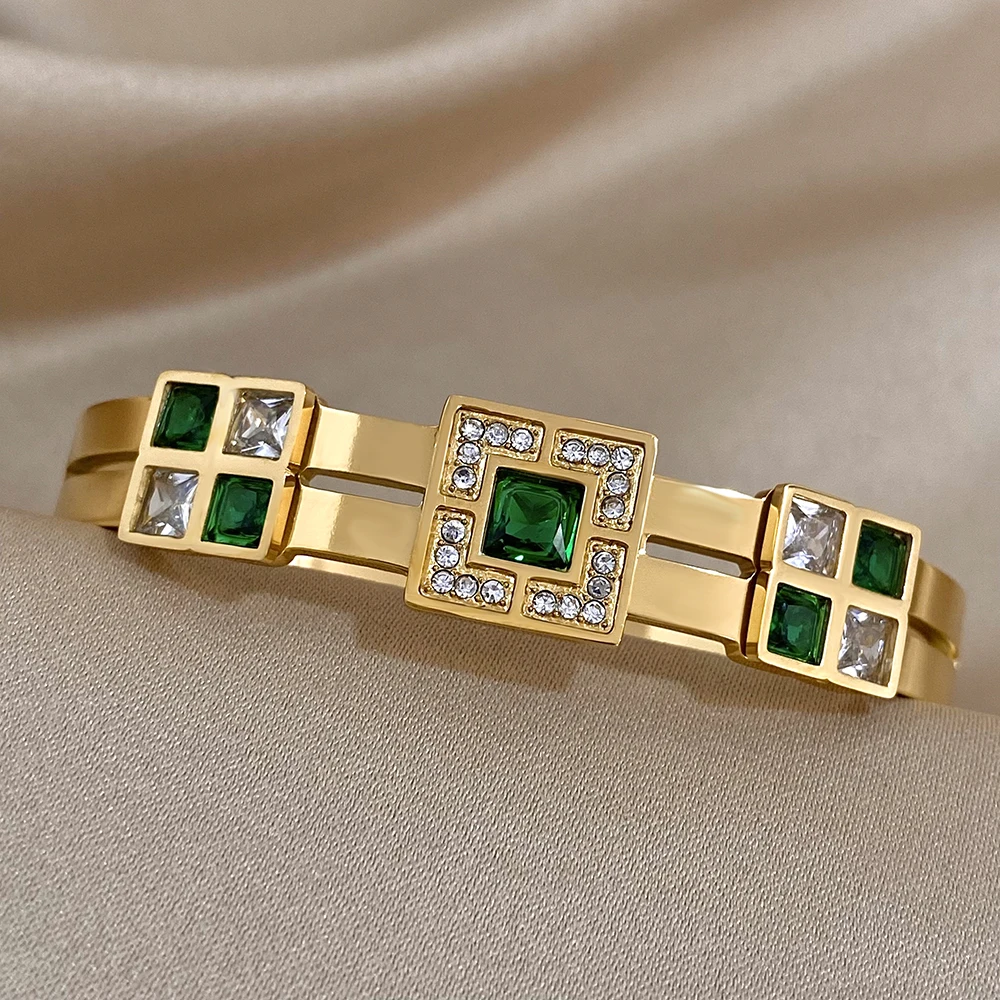 Freetry Exquisite Stainless Steel Large Green Zircon Gold Plated Bracelet Rhinestone Layered Cuff Bracelet Waterproof Jewelry