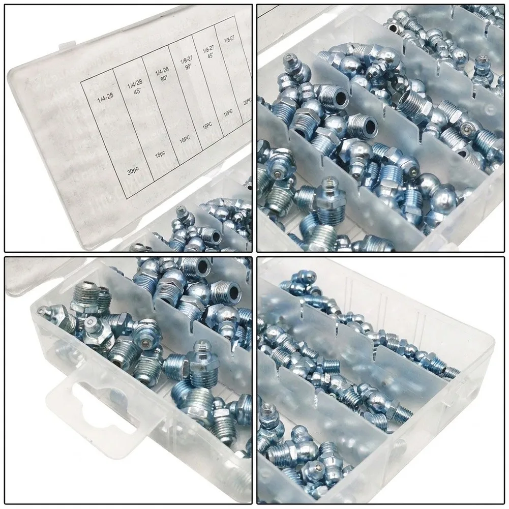 110 Piece Grease Fitting Assortment with Zinc Plated Steel Straight Angled Nipples for Workshop and Garage Use