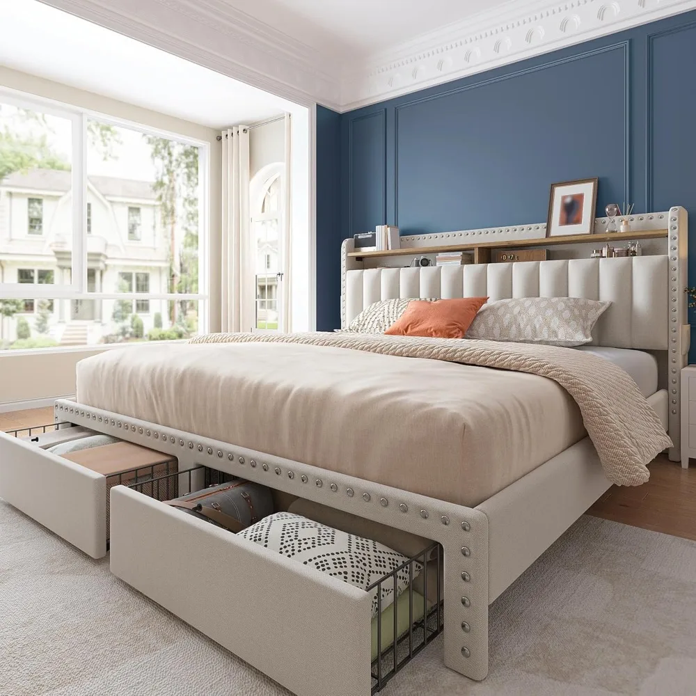 

Upholstered Queen Bed Frame with 2 Storage Drawers and 2-Tier Headboard, Vertical Tufted Headboard Design,Queen Size Bed Frame