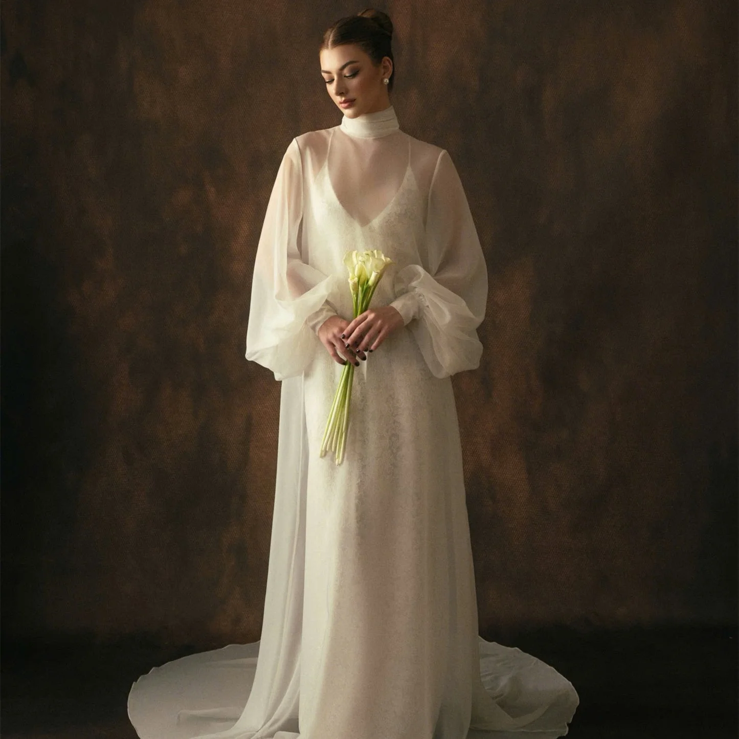Two Piece Wedding Dress High Neck Puff Long Sleeve Sheer Chiffon Outer Coat Lace Slip Bridal Gown Small Train Bride Party Dress