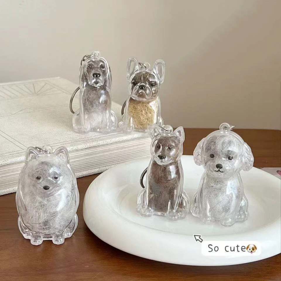 Cute Dog & Cat Hair Storage Keychain Transparent Pet Fur Collection Keepsake Portable Bag Pendant Memorial Cartoon Keyring