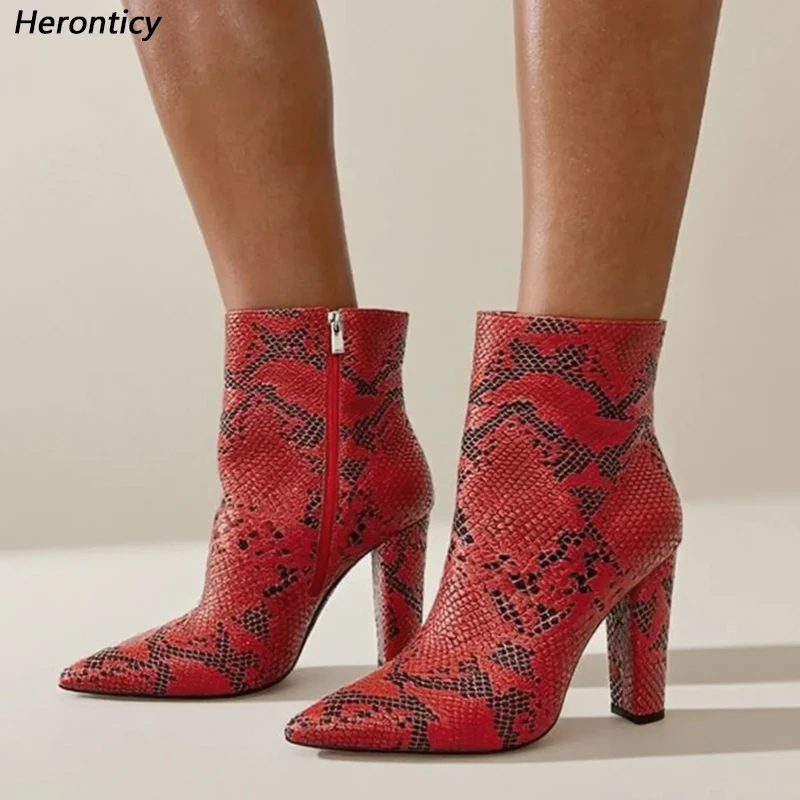 

Handcrafted Women's Heeled Boots: Red Snake Pattern, Pointed Toe, Block Heel, Side Zip Closure Size 5-15