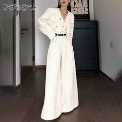 TWOTWINSTYLE Casual Two Piece Set For Women Round Neck Coat V Neck Sleeveless High Waist Jumpsuit Chic Sets Female Fashion New