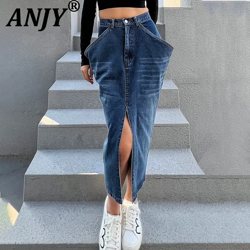ANJY Summer New Women High Street Chic Ins Trendy Vintage Fashion Washed Exaggerated Large Pockets Front Split Denim Skirt A7679