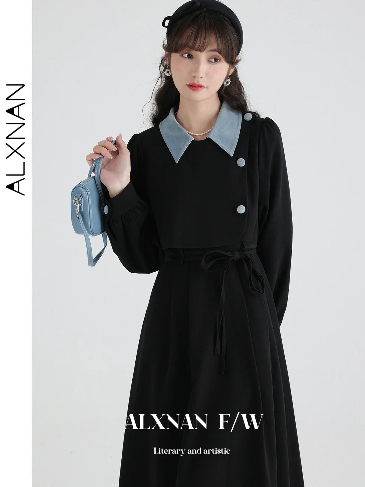 ALXNAN French Elegant A-line Lapel Dress Women\'s 2024 Spring New Slim Lace-up Fake Two-piece Long Sleeve Female Dress TM00203