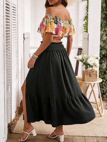 Imagen 2 del producto Falda larga dividida negra de estilo europeo y americano, falda de cintura alta con cintura elástica, versátil para vacaciones y oficina