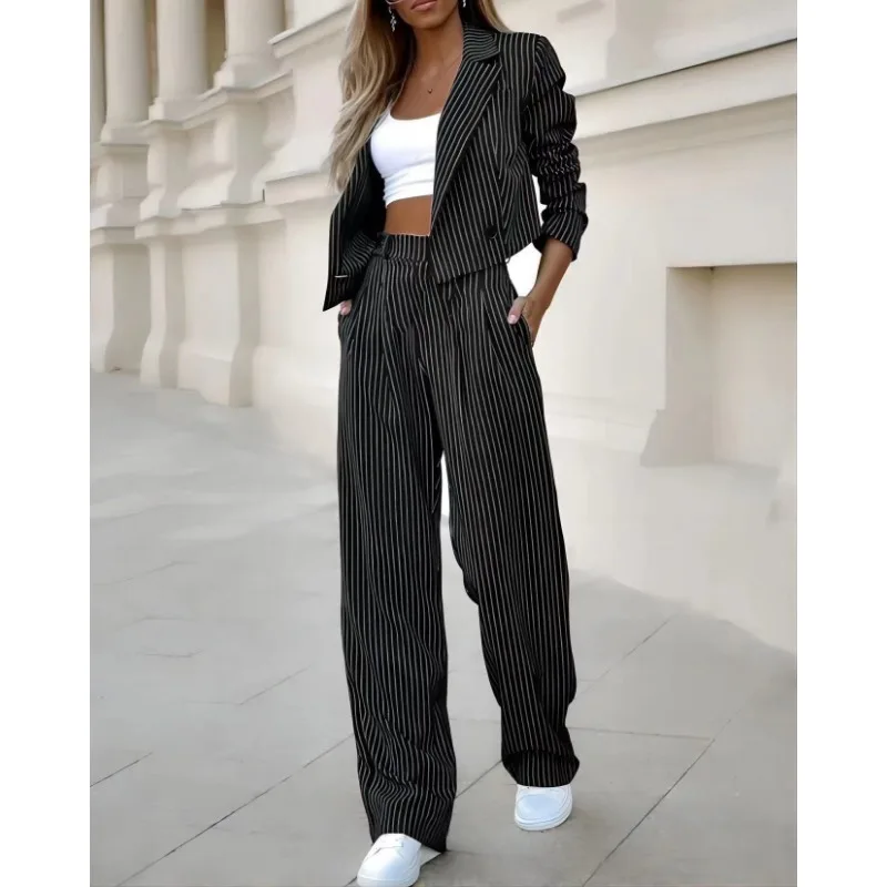 New Temperament Design Spring Summer Women\'s Clothing Temperament Leisure Striped Short Style Lapel Suit Straight-Leg Pants Suit