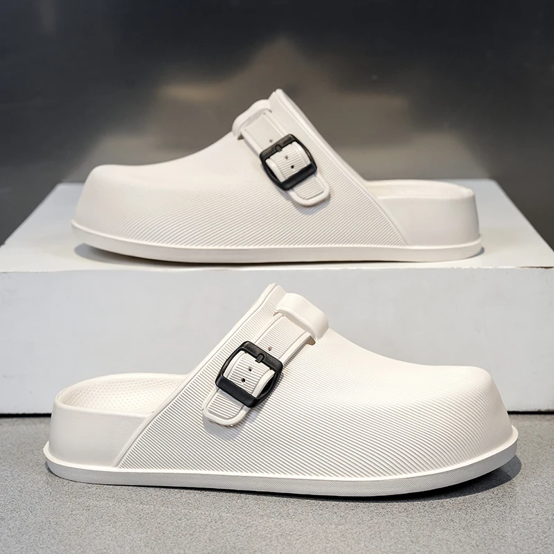 Unisex Summer Clogs Ribbed Texture Closed Toe Mules Adjustable Buckle Strap Slip On Garden Shoes Casual Beach Footwear