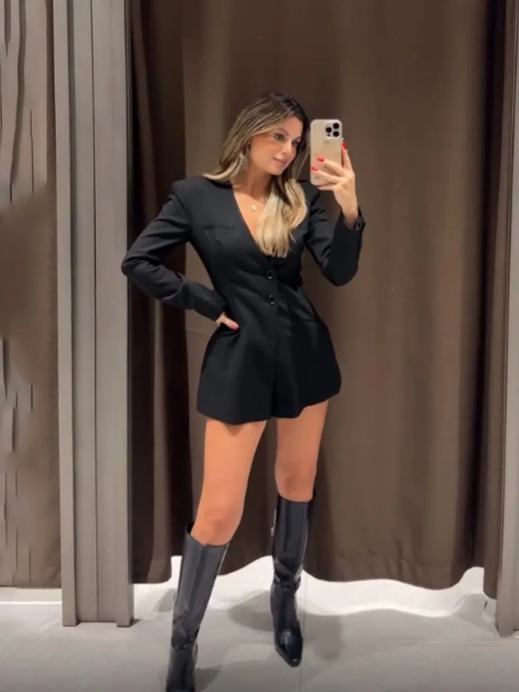 

HH женские повседневные уличные комбинезоны черный сексуальный v-образный вырез с длинными рукавами карманные пуговицы украшения женский модный короткий блейзер комбинезон