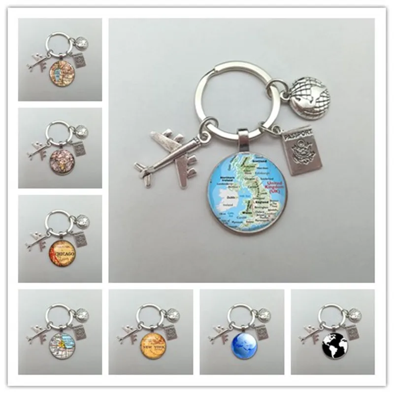 new world map keychain travel exploration exploration glass dome convex plane charm pendant keychain men and women gifts