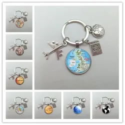 Llavero con forma de mapa del mundo para hombre y mujer, nuevo accesorio con colgante, ideal para viajes, exploración, cúpula de cristal, avión convexo, regalos