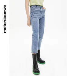 Metersbonwe-Jeans skinny clássicos para mulheres, cintura alta, calças jeans, comprimento do tornozelo, apertado, monocromático, calças de primavera