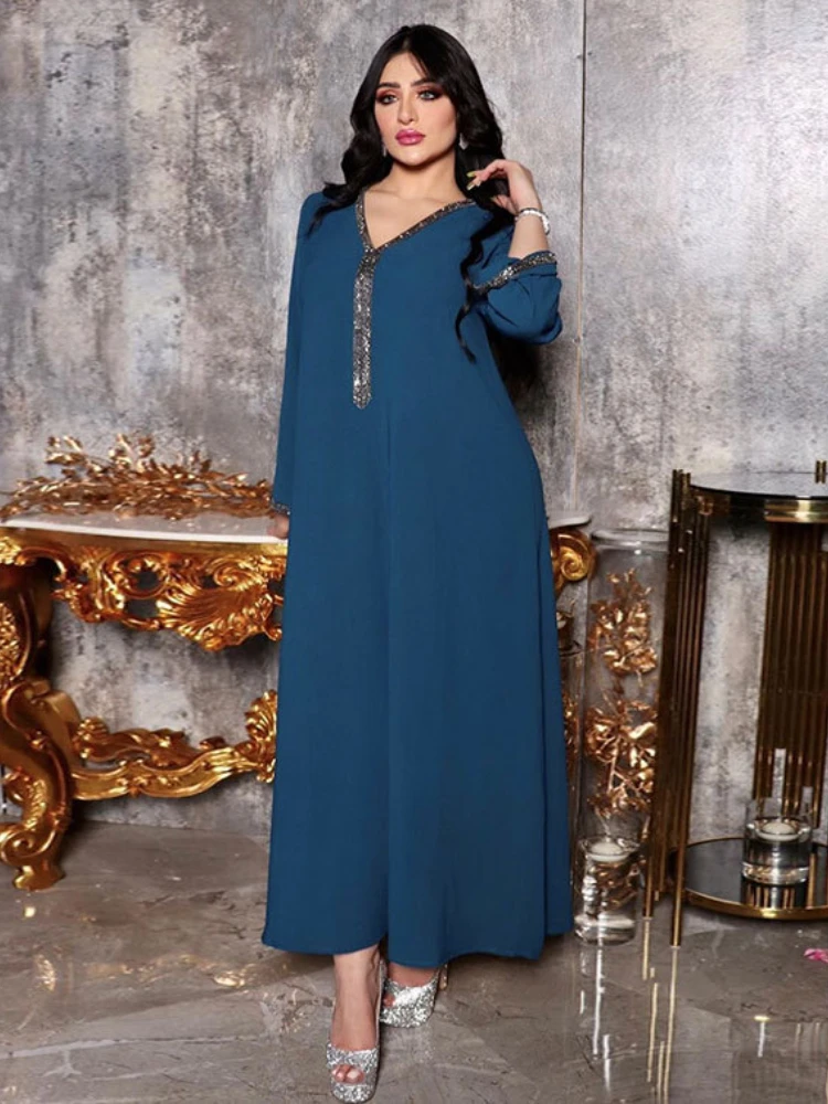 Ramadan Morocco Party Dress Women Muslim Abaya Eid Lace-up Dubai Abayas Diamond Kaftan V Neck Robe Vestidos Turkey Gown 2023