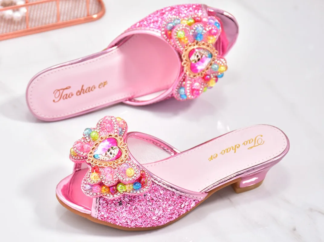 Girls High Heels Shoe Slippers Children Slippers Bow A Word Drag Sandals Soft Bottom Kids Party Wedding Performance Princes Shoe