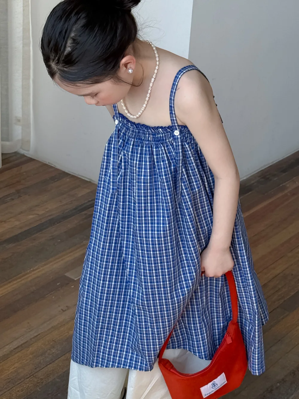 

Children's Dress 2025 Summer Korean Girls Plaid Halter Dress Kids Casual Loose Sleeveless Dress Or Wide Leg Nine-minute Pants
