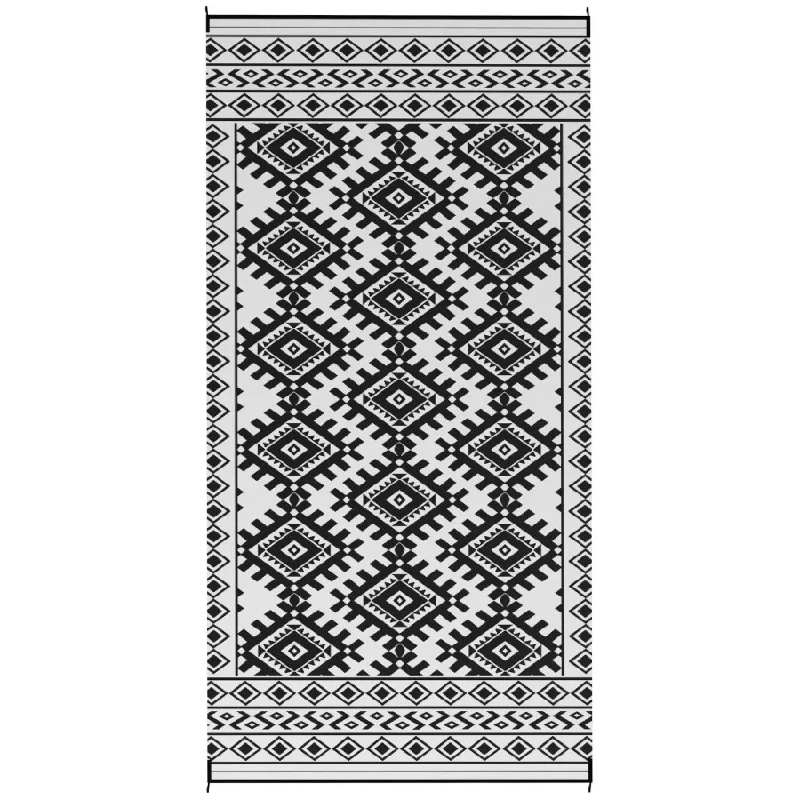 

Reversible Outdoor Rug Waterproof Plastic Straw with Carry Bag 9' x 18' Black White Rhombus Border