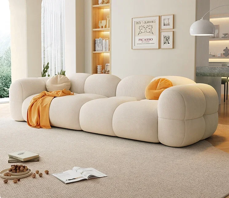 Hot Selling Modern Design Cream Style Living Room Sofa Puff Set Solid Color Corduroy Material Modular Lazy Chair Furniture