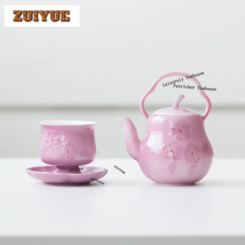 Mauve Pink Pile Flowers Tea Set Complete Set Elegant Tea Ceremony Set Household Teapot And Tea Cup Set Cafes Supplies Decoration