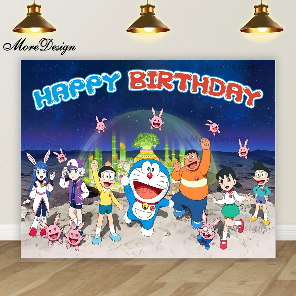 Doraemon Birthday Banner Kids Photo Backdrop Baby Shower Party Decoration Cartoon Vinyl Polyester Fabric Background