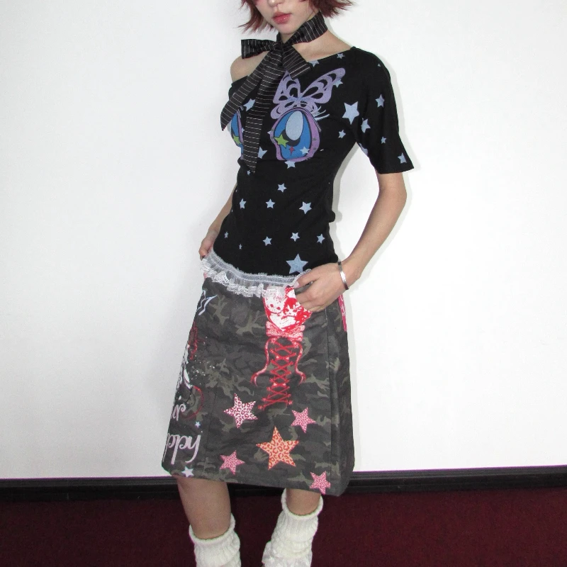 Original Design Graffiti Printing Camouflage Female A-line Skirt 2025 Summer New Sweet Cute Versatile Age-reducing Skirts Women