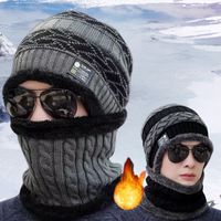 2PCs Winter Warm Knitted Hat Scarf Set Thicken Velvet Lined Winter Hats Men women Knitted Fur Caps Warm Fleece Neck Warmer Cap
