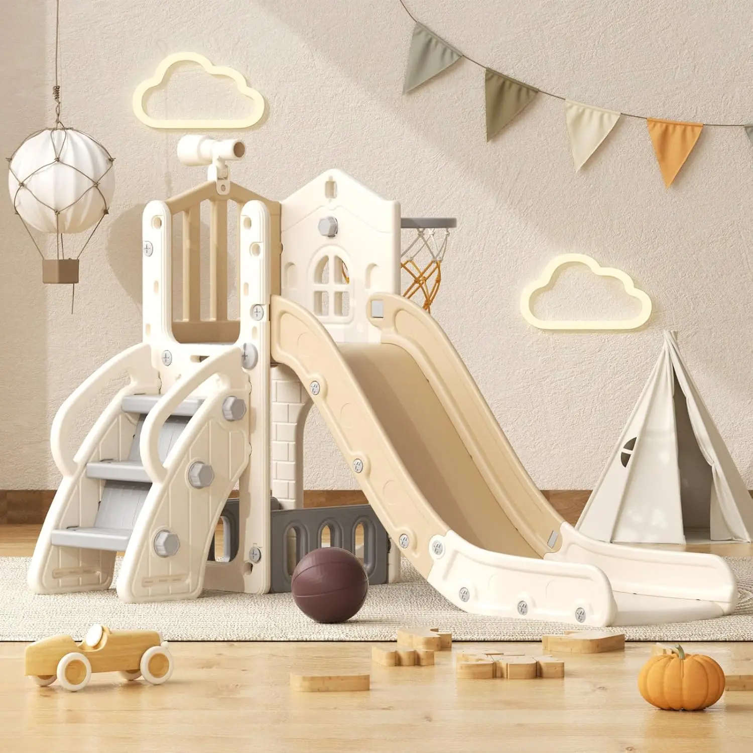 Tobogán para niños pequeños 5 en 1, tobogán escalador para niños con aro de baloncesto y pelota, juego para interiores y exteriores para niños de 1 a 3 años (Beige + café