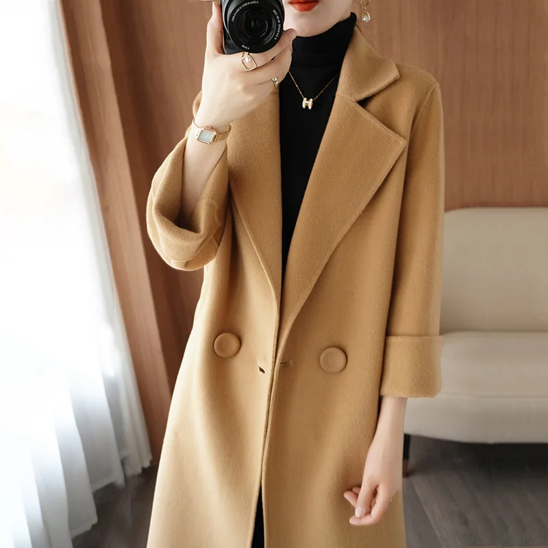 

Корейское японское осенне-зимнее новое женское шерстяное пальто средней длины, верхняя одежда, вязаная шапка, футболка из ацетатного волокна