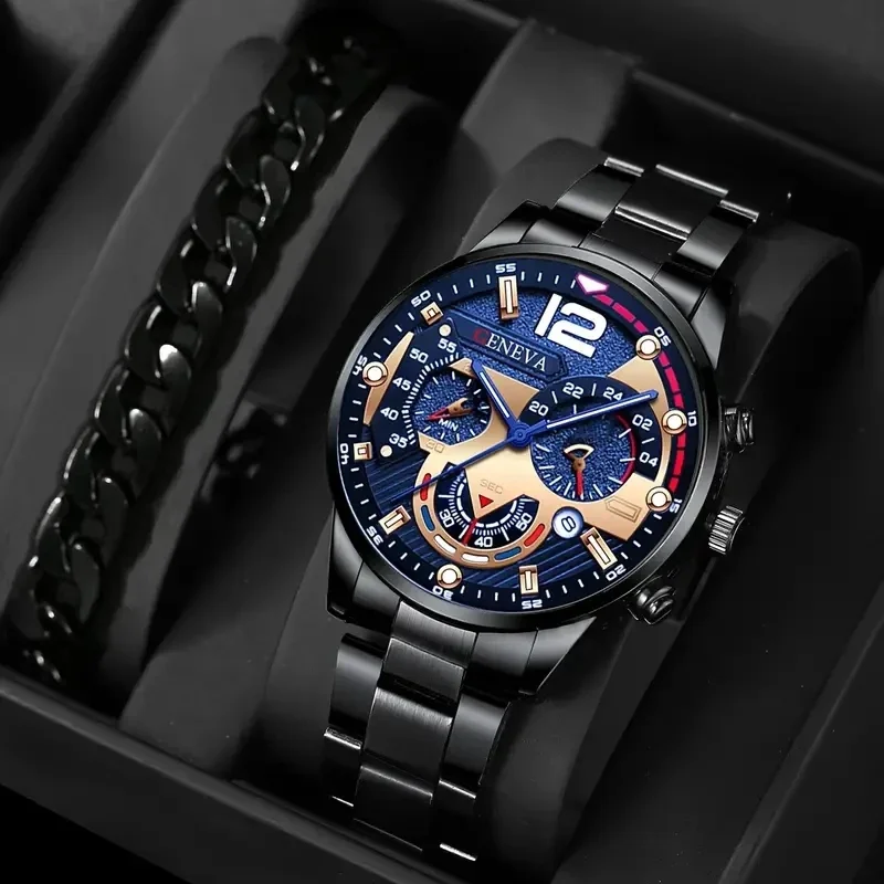 A men\'s new popular steel strip fashion business three eye quartz watch set, suitable for fashion matching