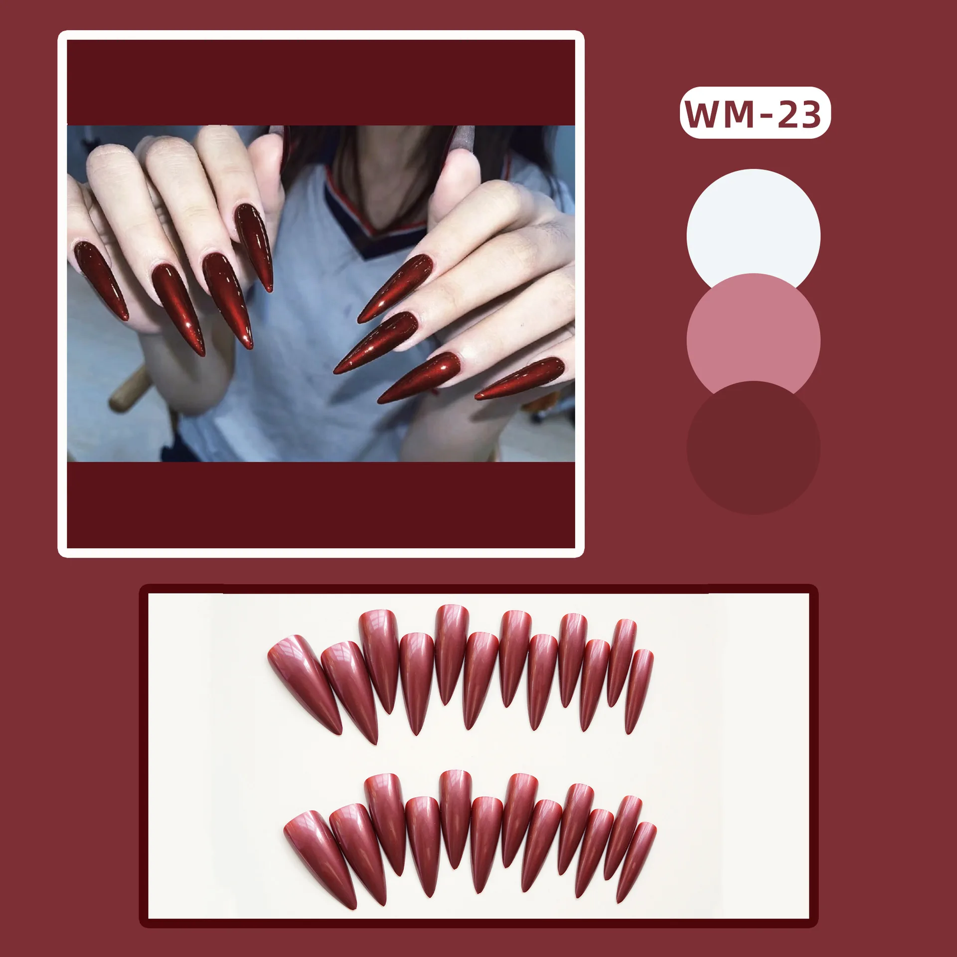 24pcs Super Long Stiletto Fake Y2K Nails Press On Vintage Wine Red False Nails With Designs Full Cover Fashion Almond Nail Tips