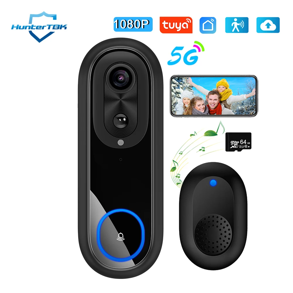 Sonnette vidéo WiFi 5G 2.4G, 1080P, sans fil, application Tuya, interphone intelligent, caméra, étanche IP65, avec batterie 7000mAh