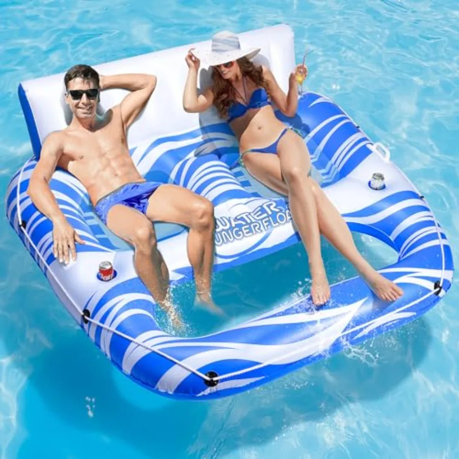 Inflatable Pool Floats For Adults, Vinyl Blue Lounger With Cup Holder Backrest And Footrest, Tanning Water Float For Pool Lake