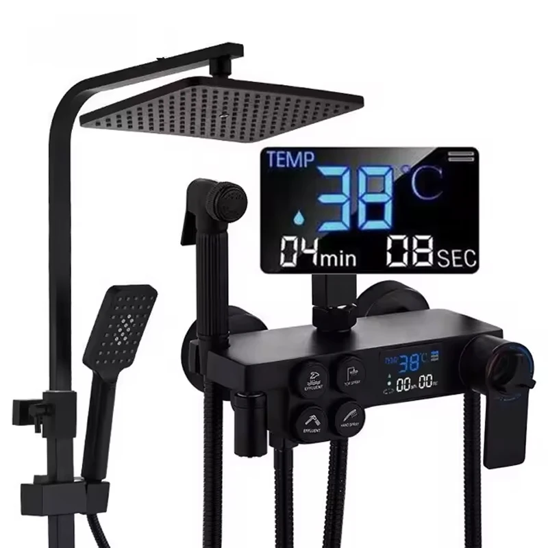 

2024 black LED smart shower facuet 4 ways waterout rainfall mixer with digital display bathroom thermostat shower set