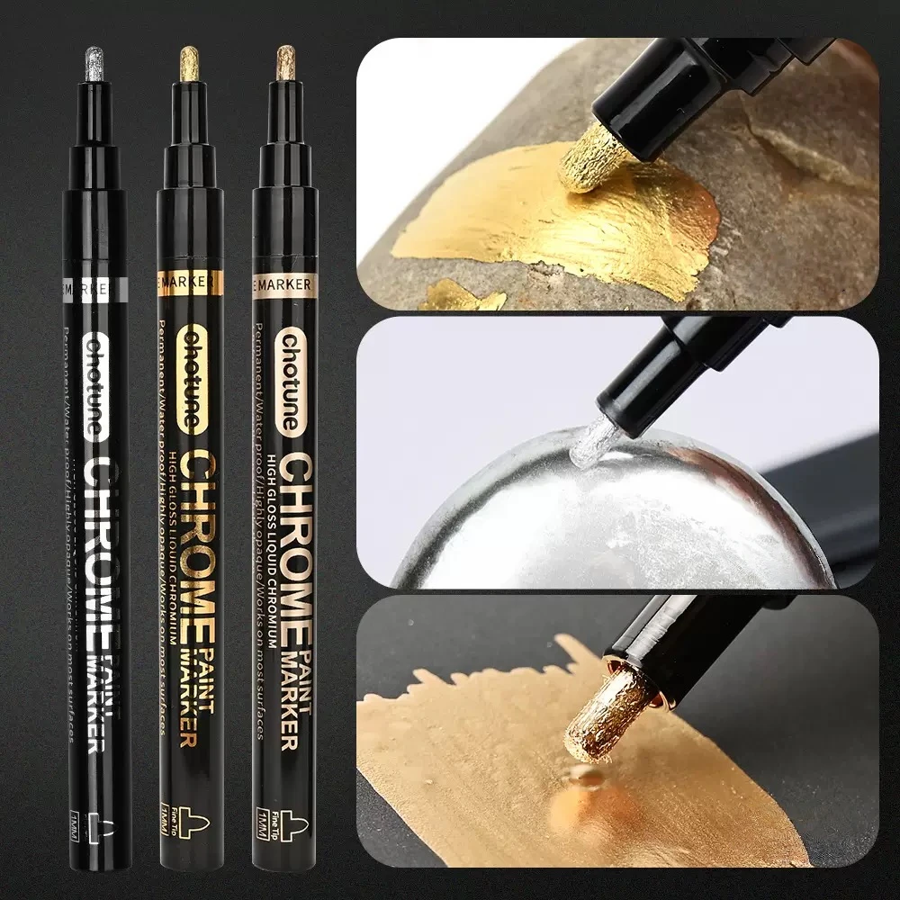 6-Piece Chrome-Plated Mirror Marker Pen Set, Silver/Gold/Antique Bronze Chrome Markers, Reflective Quick-Drying Signature Pens, Suitable for Car Decoration, Metal, Plastic, Stone, and Glass Crafts, Professional Art Use