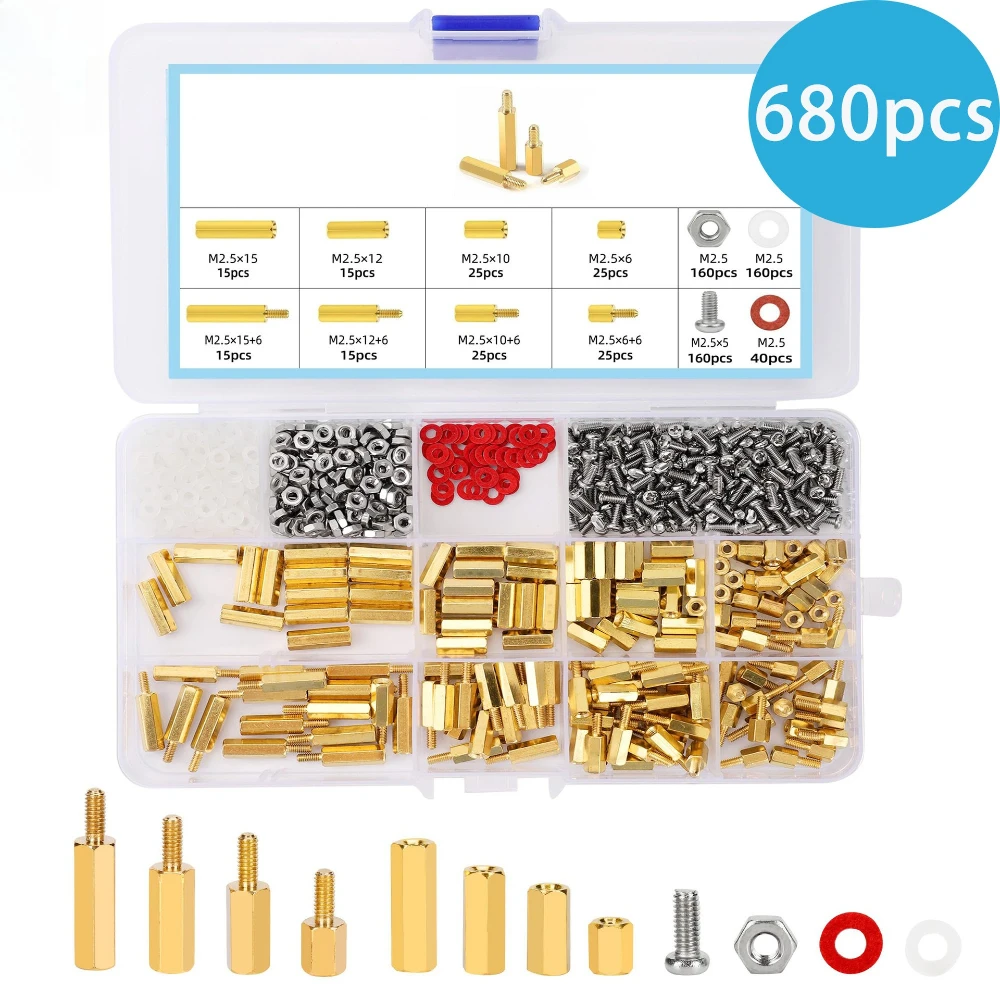 

680PCS Single-head Hexagonal Copper Column M2.5 Motherboard Threaded Fixing Column Isolation Support Stainless Steel Nuts Screws