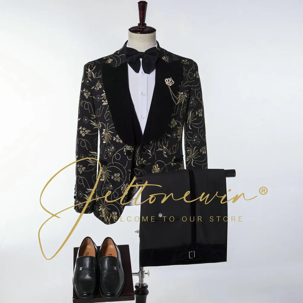 Black Men Suit Set With Gold Floral Pattern Fashion Tuxedo Groom Wedding 3 Pieces Costume Homme Trajes De Hombre