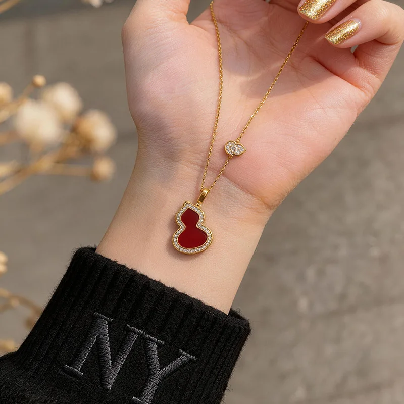 

Peace & Blessing Red Corundum Double Gourd Necklace For Women 24K Gold AU999, Brings safety and good fortune