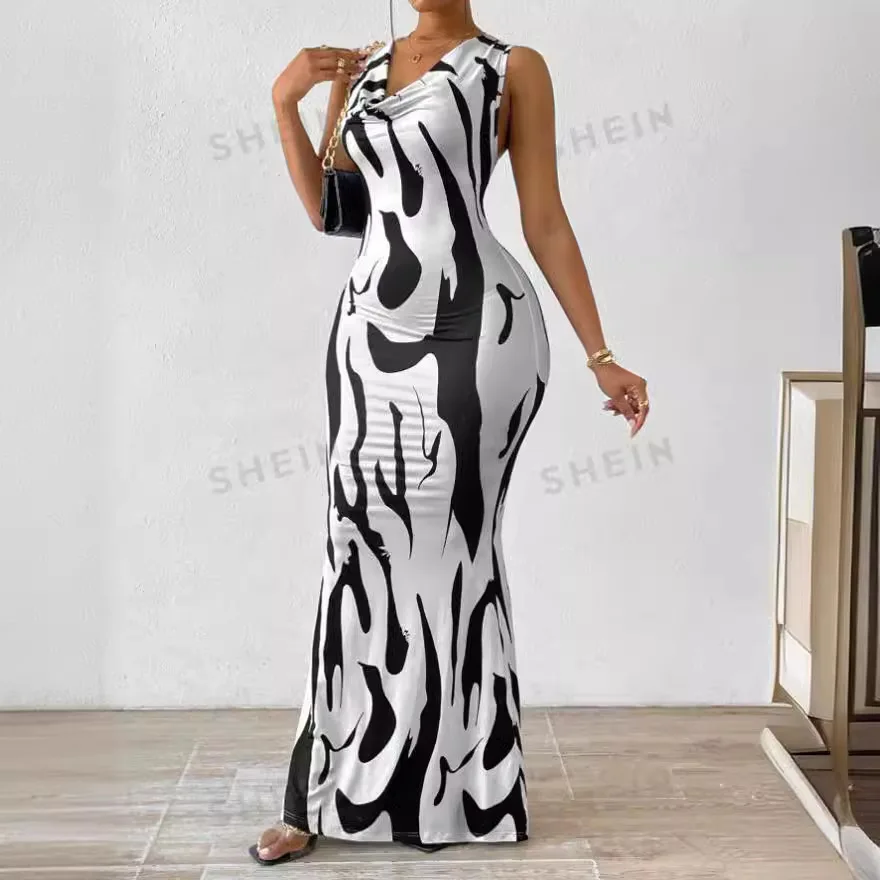 Sexy Bodycon Package hip Party Damskie długie sukienki Letni nadruk Bez rękawów Kołnierzyk Slim Skinny Party Maxi Sukienka dla kobiet