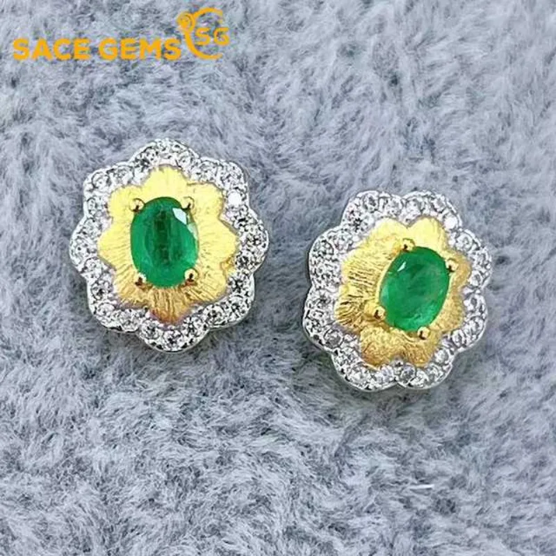 

SACEGEMS Certified Fashion Earrings for Women 925 Sterling Silver 3*4MM Natual Emerald Stud Earrings Wedding Party Fine Jewelry