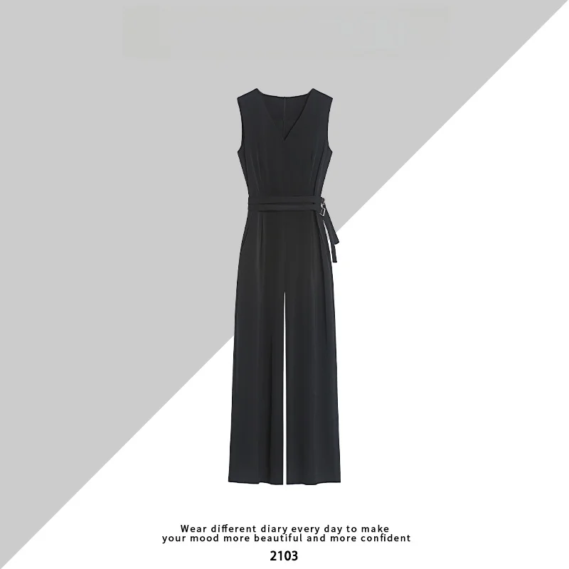 Bla Chiffon Wide Leg Pants Women's Summer High Waist Belted Jumpsuit Slimming Ele Sle Faionable Commute Wear