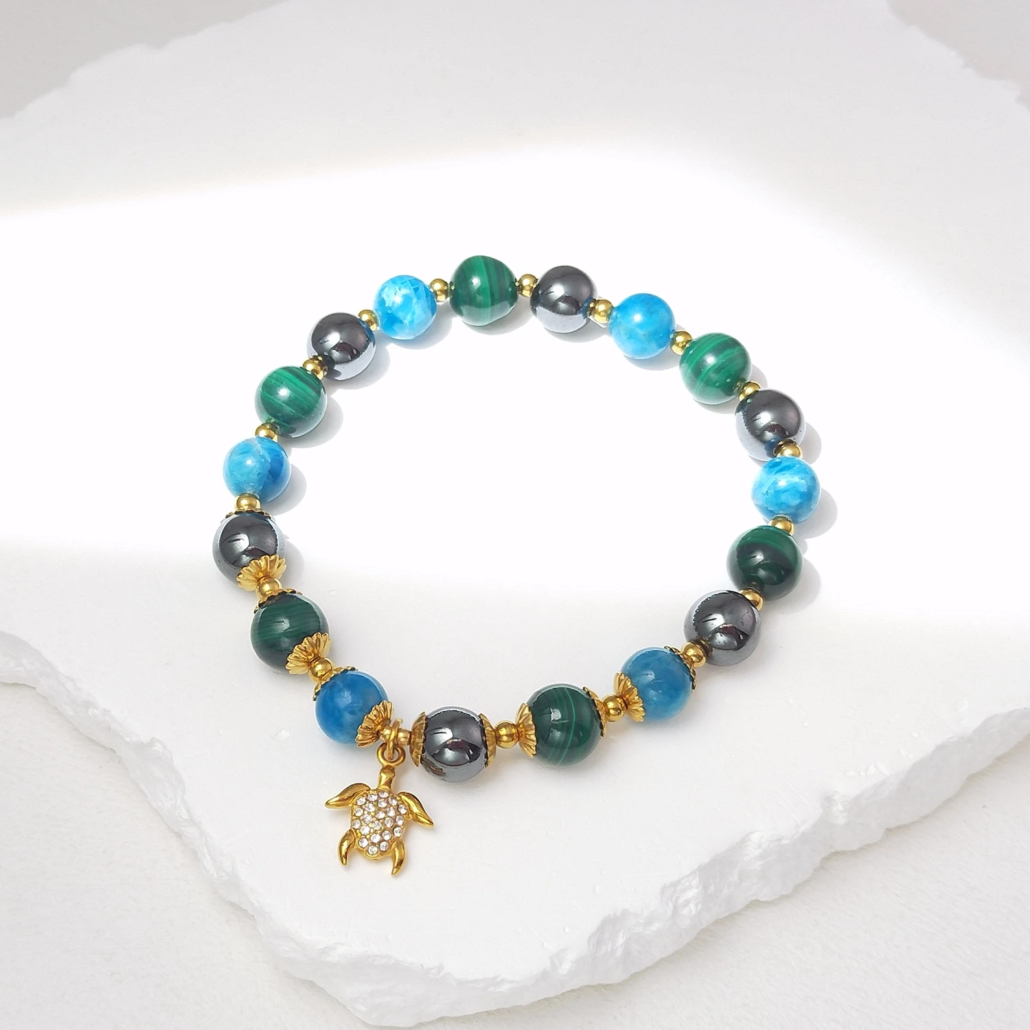 Lii Ji Natural Stone Malachite Hematite Apatite 6/8mm With Crystal Stainless Steel Elastic Bracelet