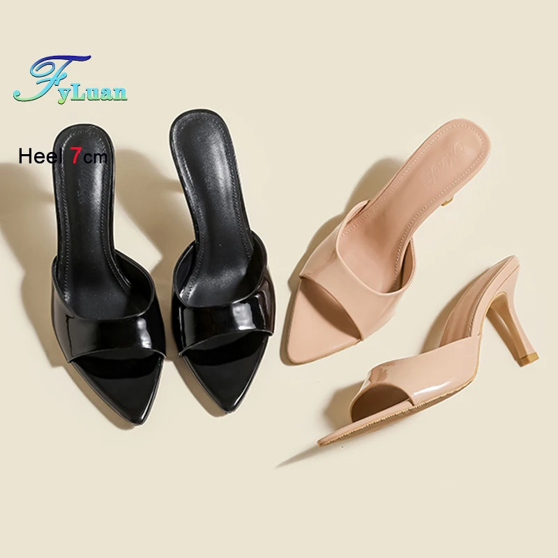 

2025 Summer 7cm High-heeled Women's Slippers Pointed Toe Thin Heel Female Shoes Patent Leather Mules Pull On Black Sandals Heels