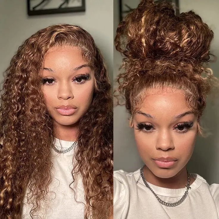 P427 Honey Blonde 360 Full Lace Wig Highlight Curly Human Hair Pre-Plucked Deep Wave Water Wave 360 Invisible Strap Lace Frontal Wig 34 Inch